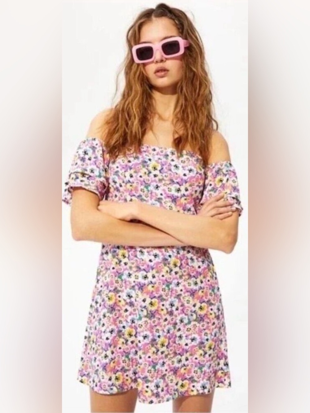H&M Off Shoulder Flounce Sleeve Smocked Back Floral Tropical Short Mini Dress